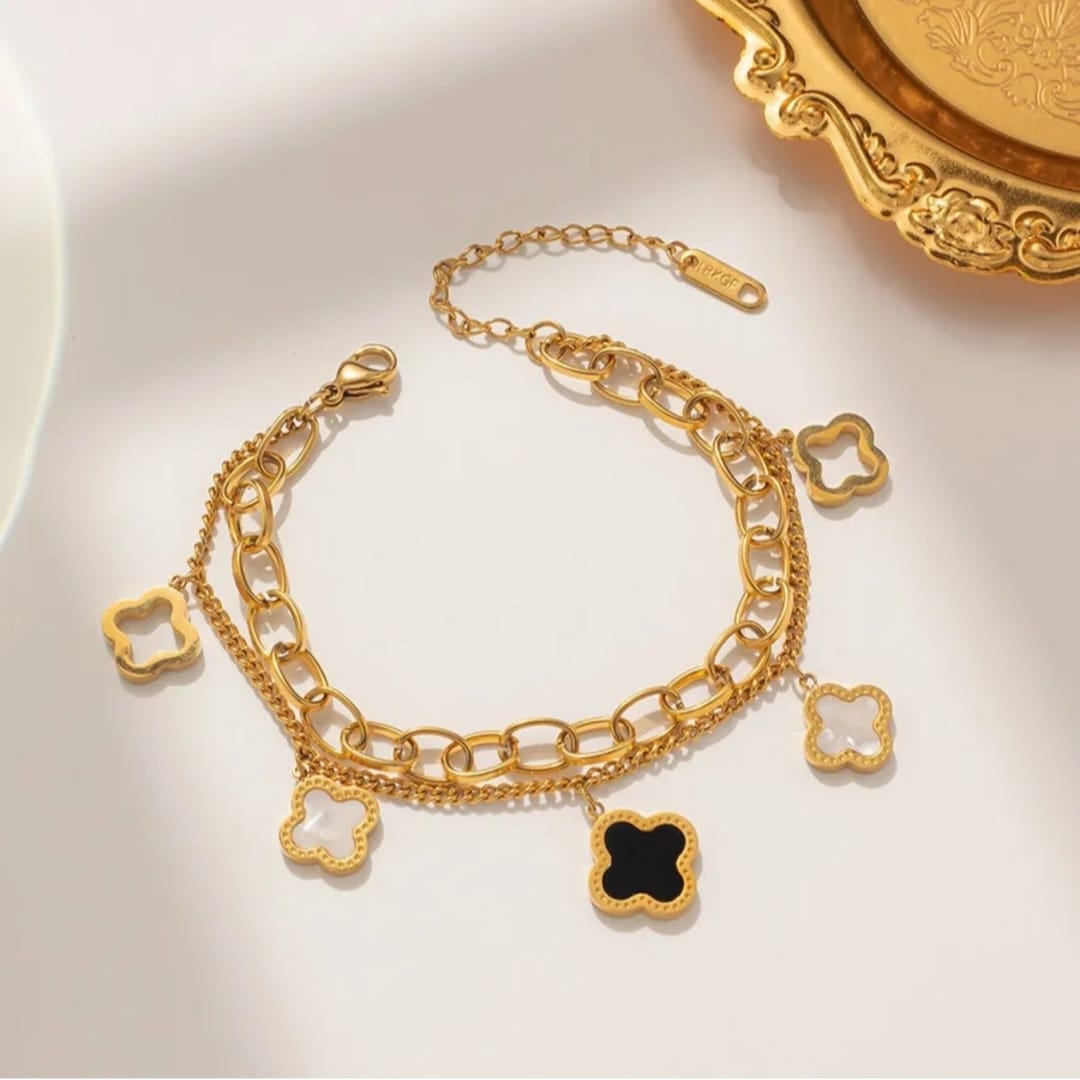 Womens Flower Dangle Gold Plated Stainless Steel Charm Bracelet