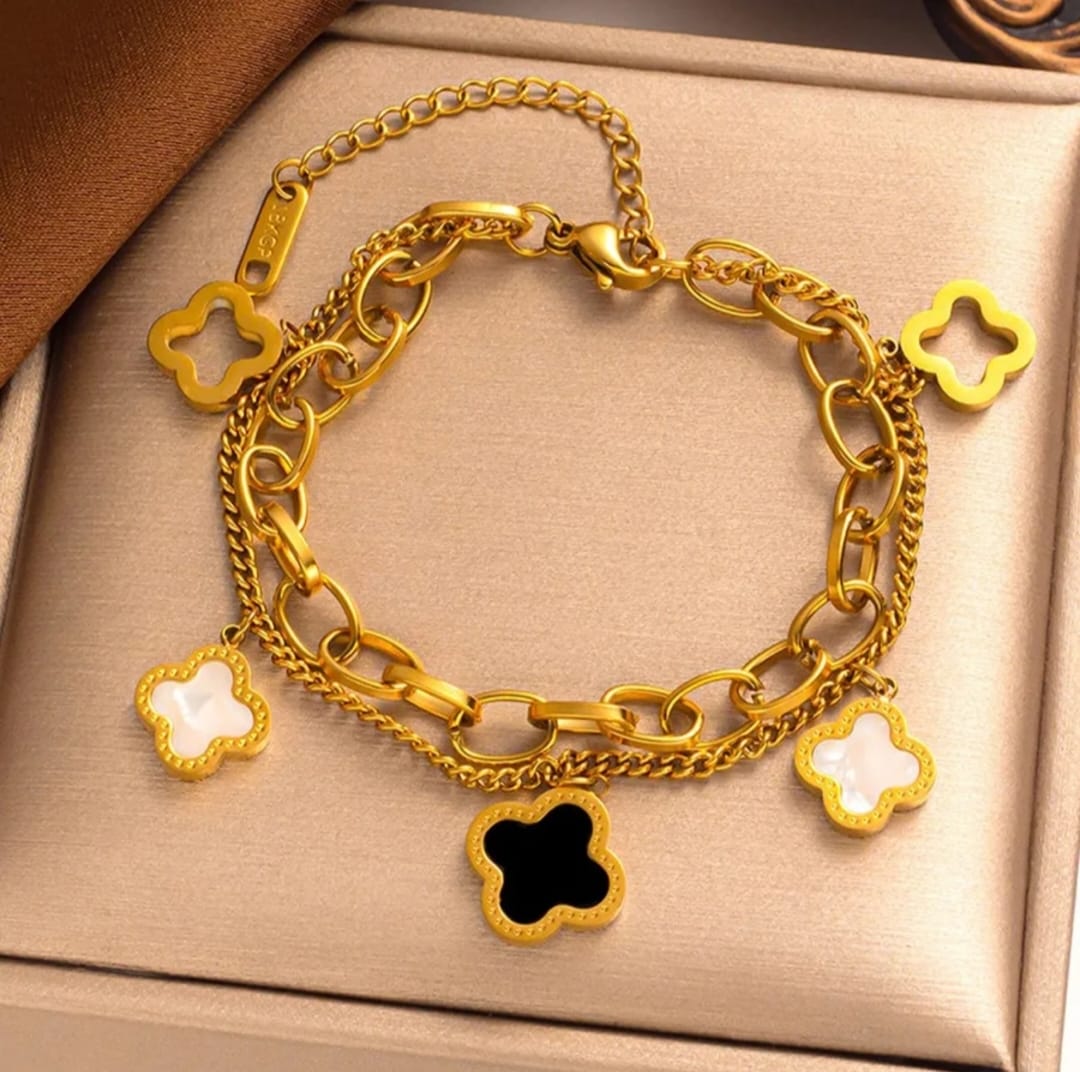 Womens Flower Dangle Gold Plated Stainless Steel Charm Bracelet