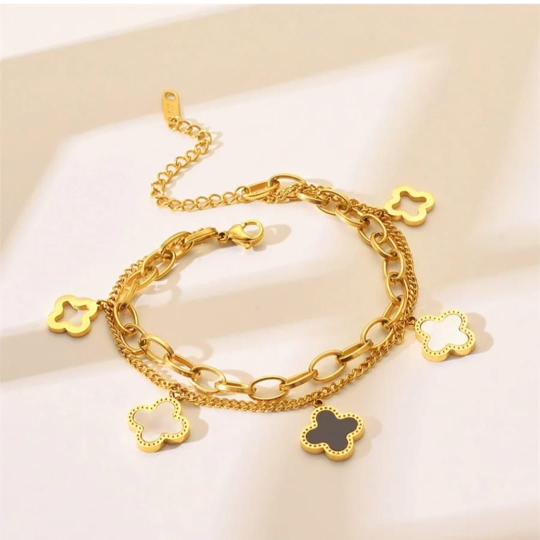 Womens Flower Dangle Gold Plated Stainless Steel Charm Bracelet
