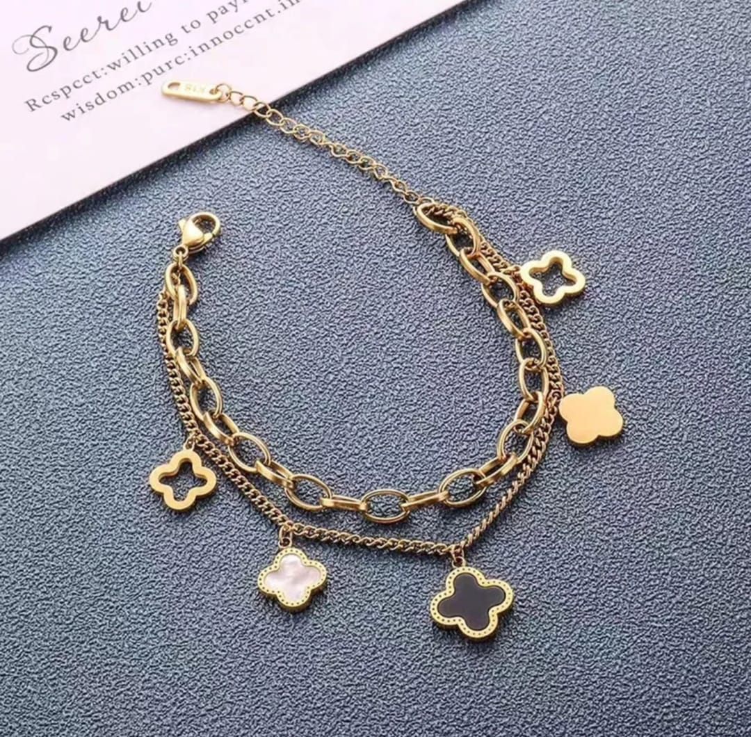 Womens Flower Dangle Gold Plated Stainless Steel Charm Bracelet