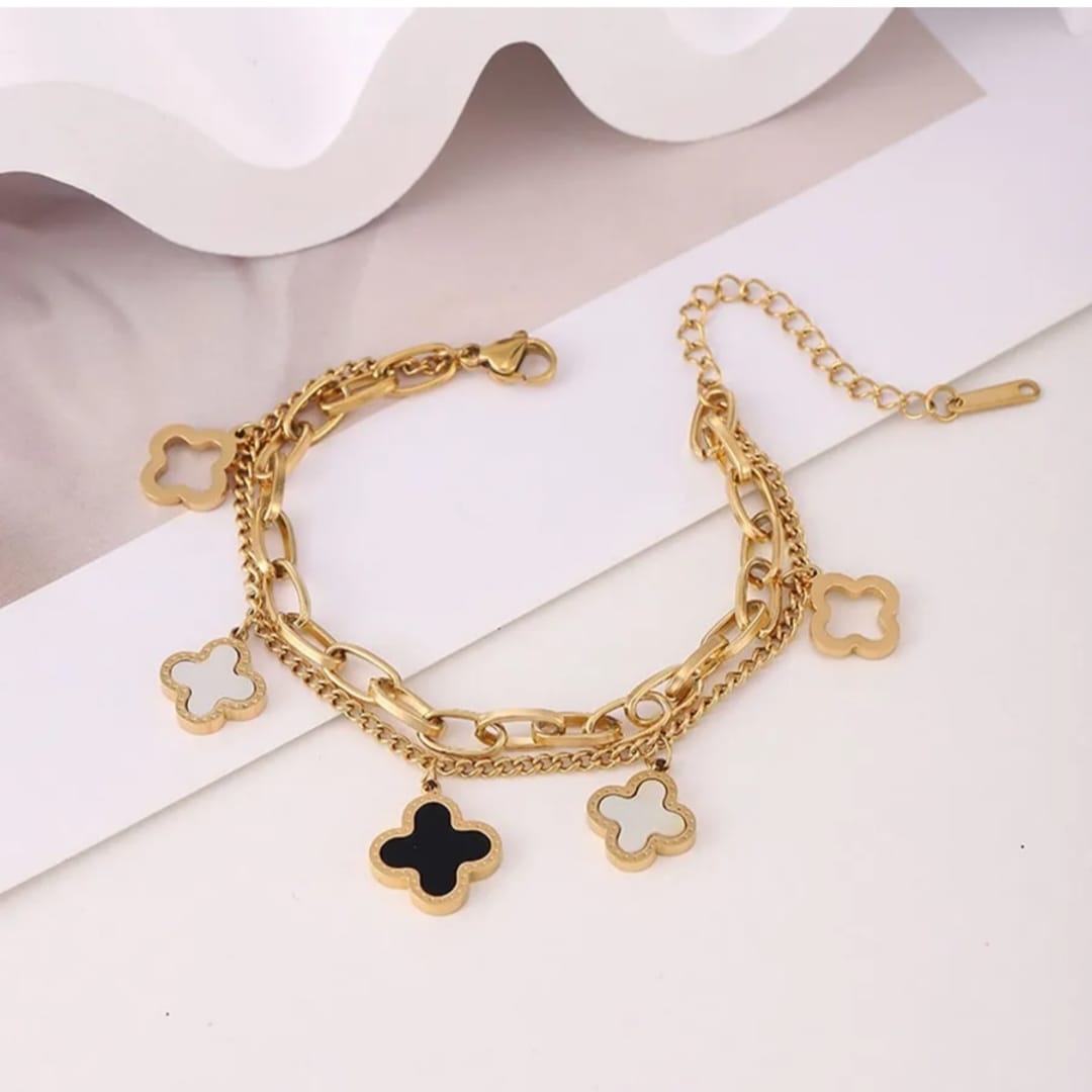 Womens Flower Dangle Gold Plated Stainless Steel Charm Bracelet