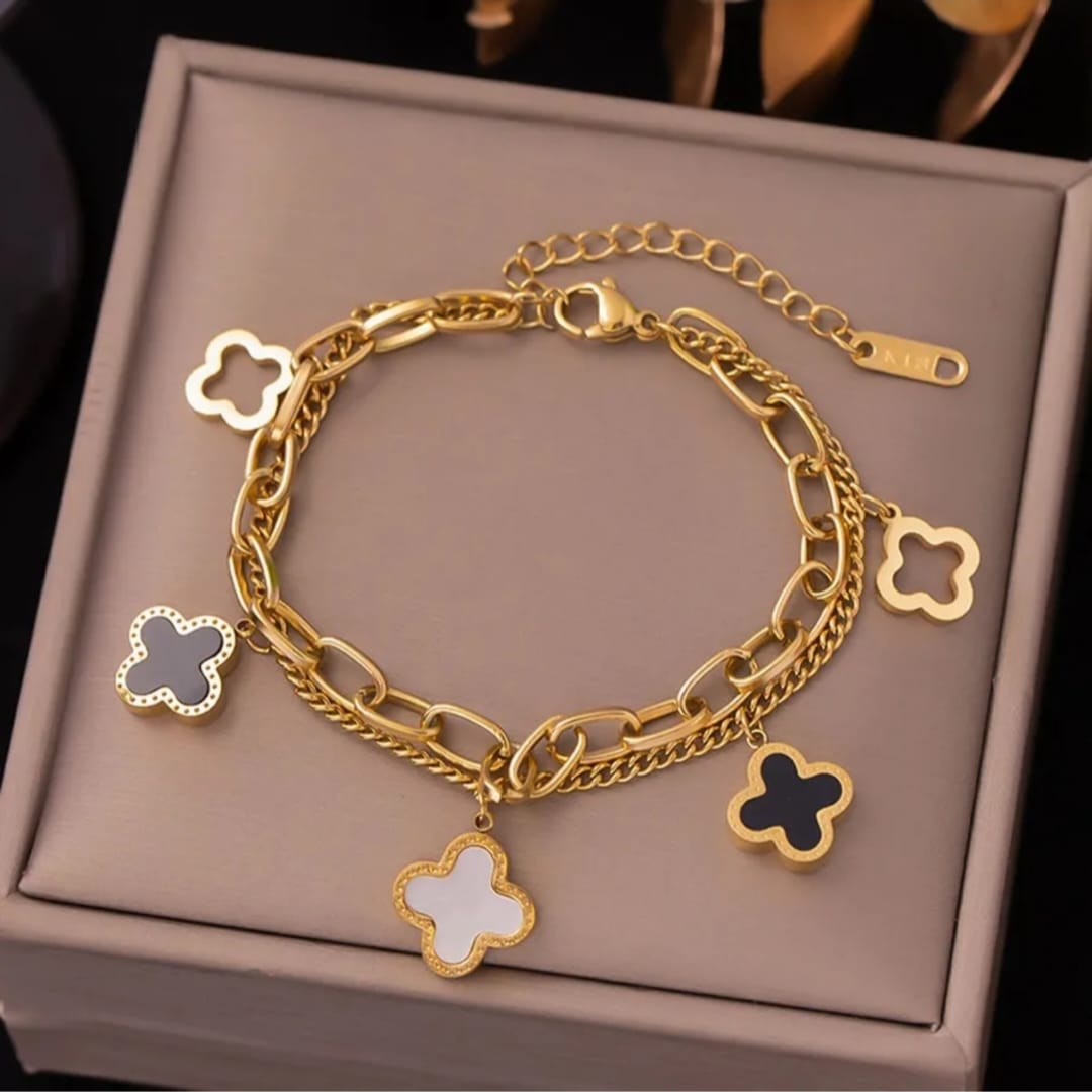 Womens Flower Dangle Gold Plated Stainless Steel Charm Bracelet