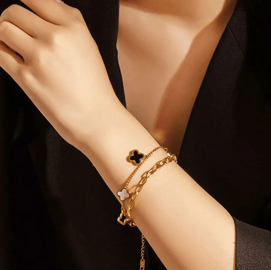Womens Flower Dangle Gold Plated Stainless Steel Charm Bracelet