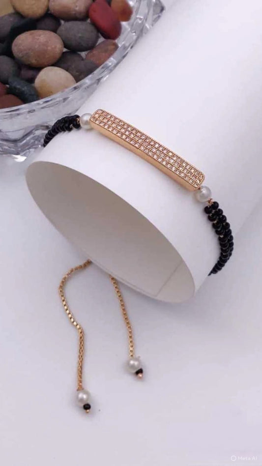 Black Beads & Stone Bar Adjustable Bracelet